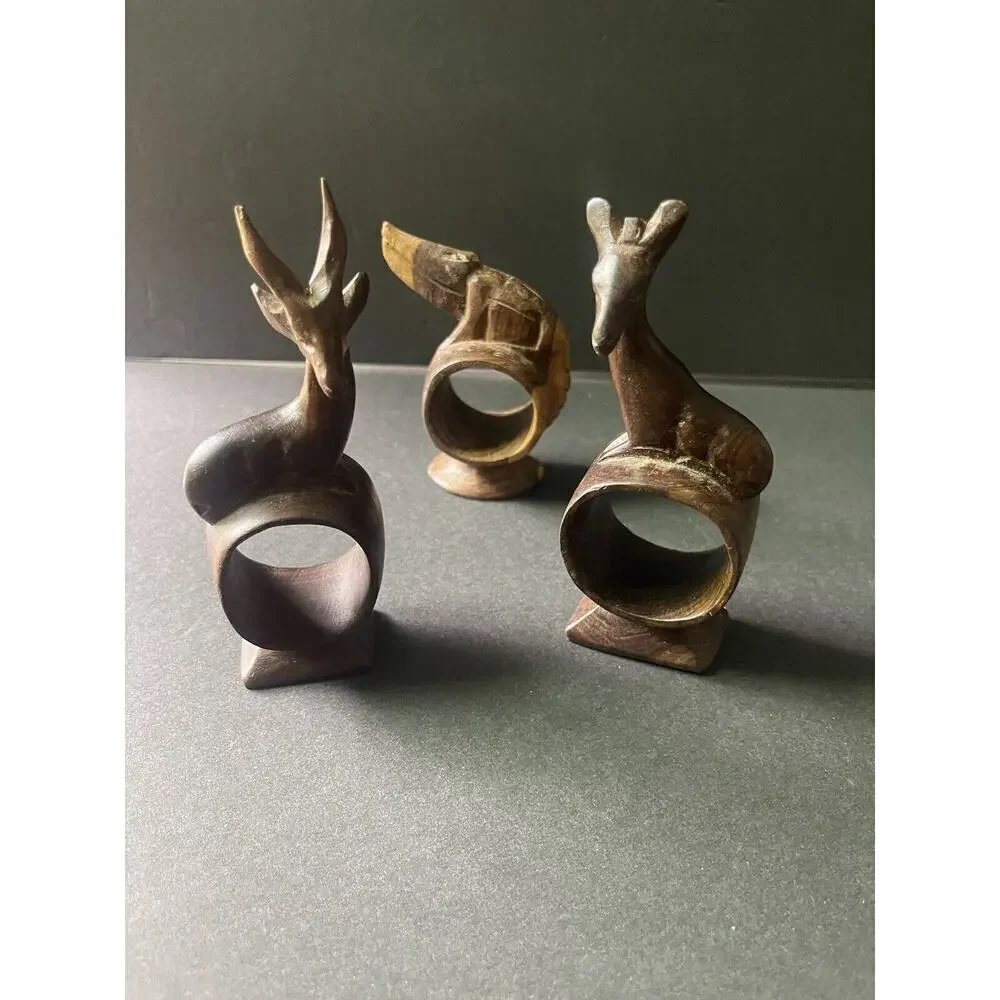 Vintage Set of 3 Hand Carved Wooden African Safari Animal Napkin Ring Holders